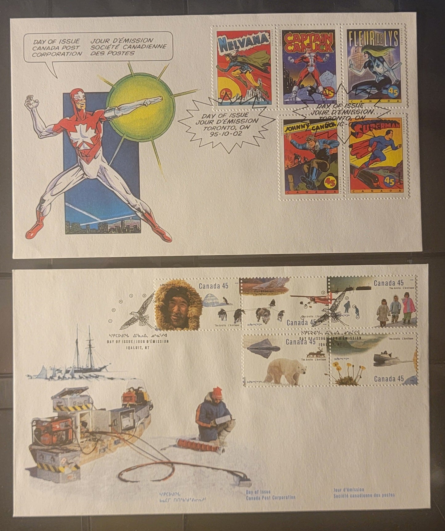 Canada #1574-1583 45c Multicoloured Polar Bear - Fleur Des Lys, 1995 The Arctic & Comic Book Superhero Issues, 2 VF Canada Post FDC's Franked With Pairs & Strips, HB Envelopes