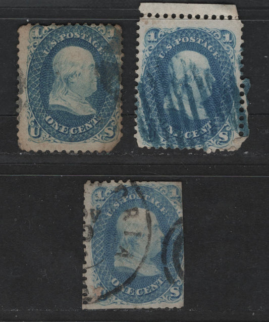 Lot 98 United States Of America #63 1c Greenish Blue, Blue & Pale Blue Benjamin Franklin, 1861-1869 Civil War Issue, 3 Ungraded Used Singles With Severe Faults, Sold As Reference Examples Of The Various Shades
