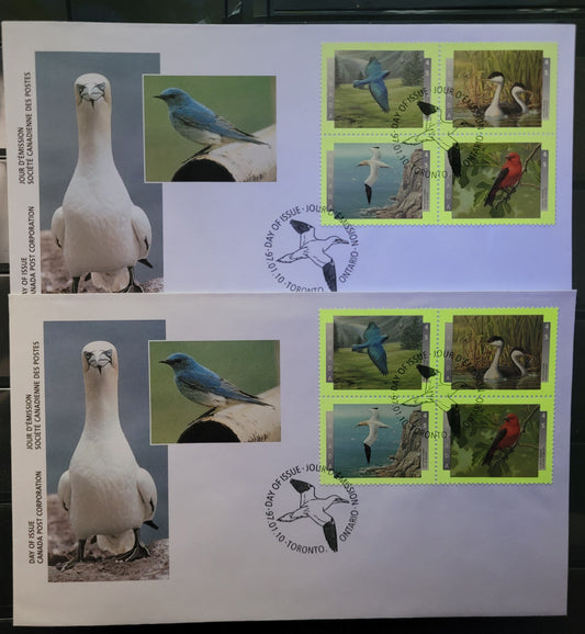 Canada  #1631-1634 45c Multicoloured Mountain Bluebird - Scarlet Tanager, 1997 Birds Of Canada, 2 VF Canada Post FDC's Franked With Se-Tenant Blocks, Fluorescent & HF Envelopes