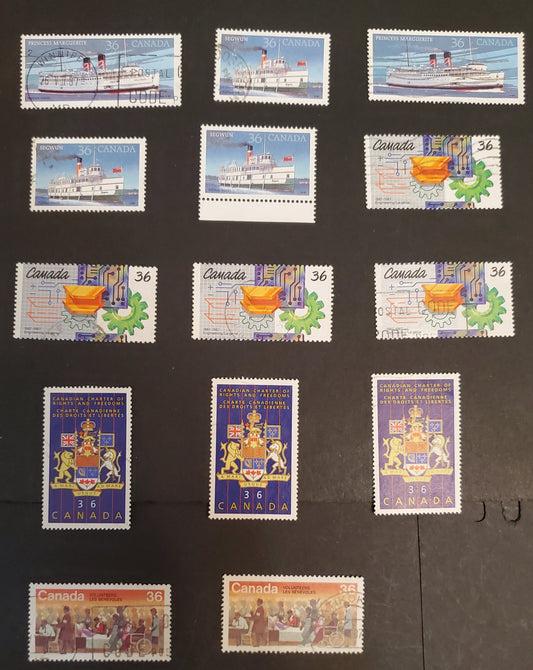 Canada #1132-1134i, 1139-1140  Multicoloured Various Subjects, 1987 Volunteers - Steamships Issues, 14 VF Used Singles On A Wide Variety of Rolland Papers