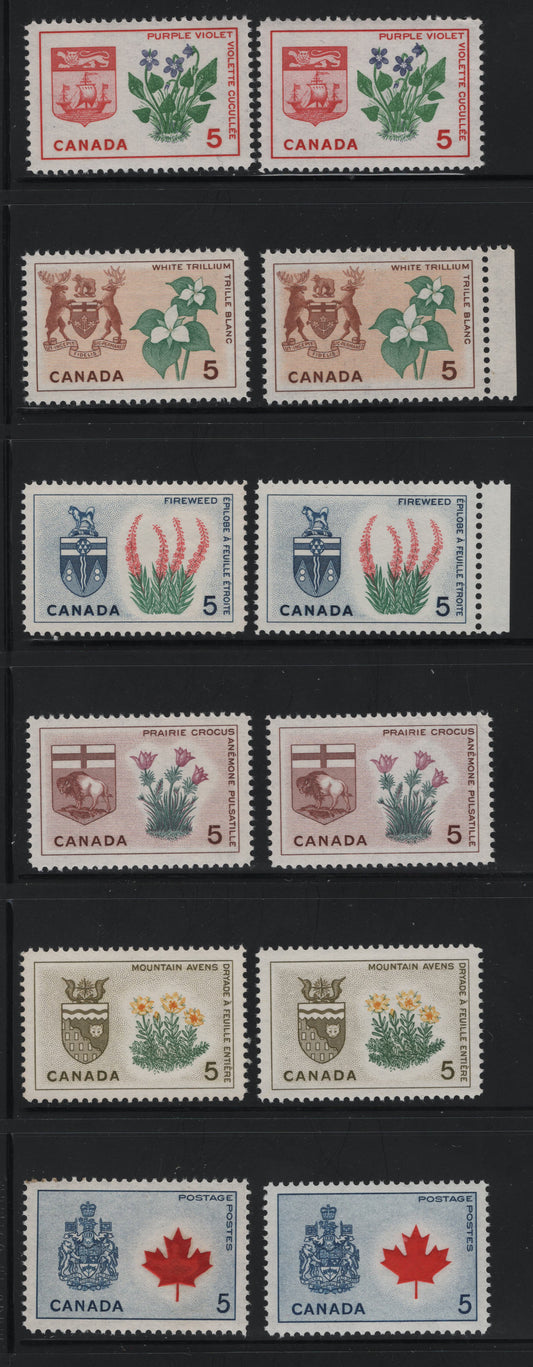 Canada #418/429A 5c Multicoloured White Trillium - Canada Coat Of Arms & Maple Leaf, 1964-1966 Emblems Issue, 12 VFNH Singles On DF1 Vertical Ribbed Paper With Streaky Dextrine Gum Showing Shade Variations