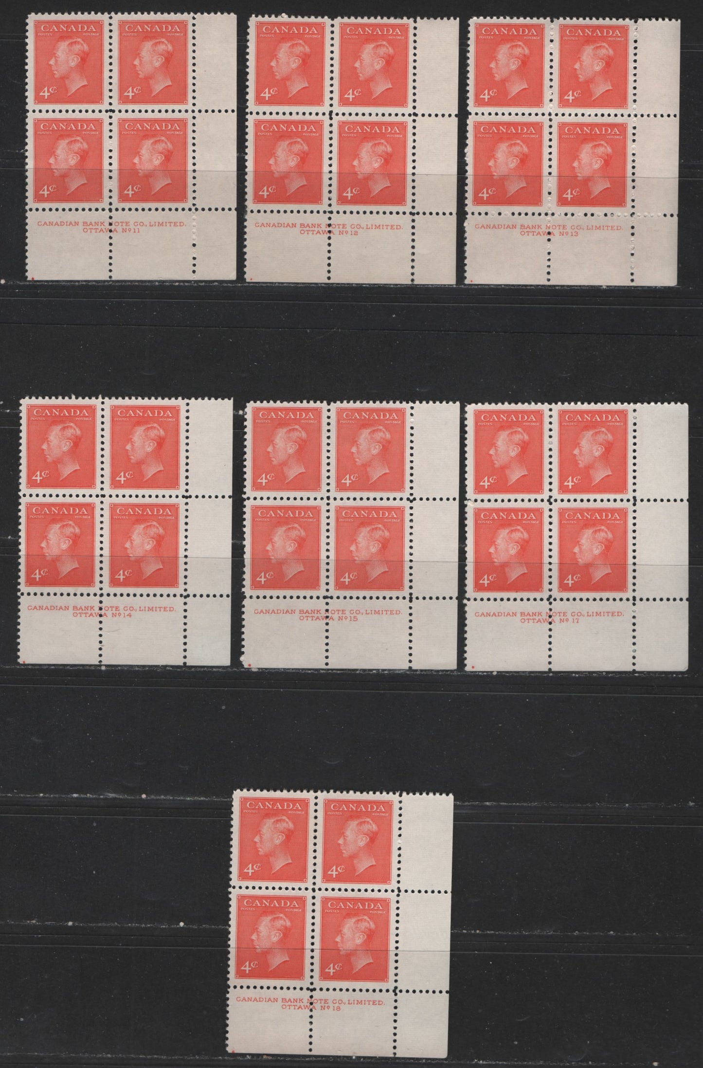 Canada #306 4c Vermilion King George VI, 1949-1952 Postes-Postage Issue, 7 VFNH LR Plate Blocks Plates 11-18