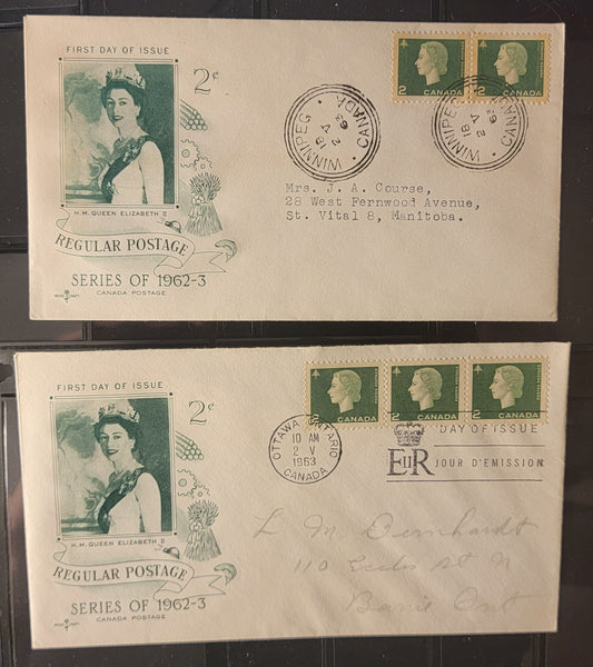 Canada #402-402p 2c Green Queen Elizabeth II, 1962-1967 Cameo Issue, 2 VF First Day Covers Regular & Winnipeg Tagged, Rosecraft Cachets, Addressed