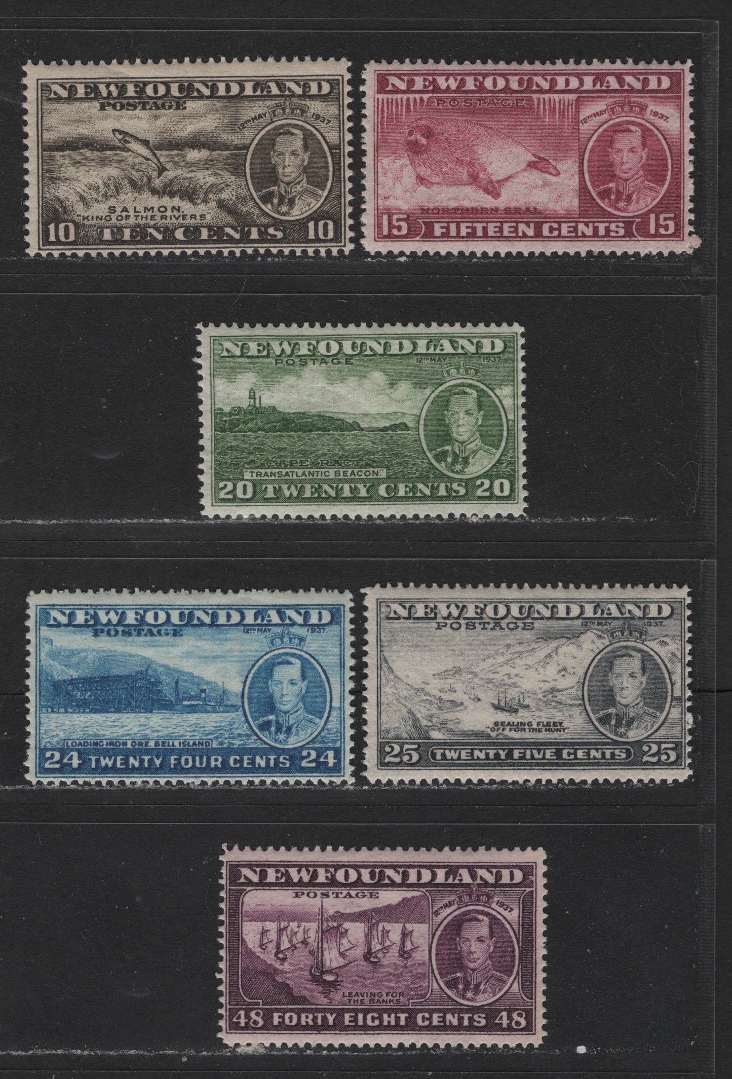 Lot 411 Newfoundland #237b, 239-243 10c-48c Olive Black - Deep Plum King George VI & Various Scenes, 1937 Long Coronation Issue, 5 Fine NH Singles Line Perf. 13.8 & 14.2, Comb Perf. 13.4