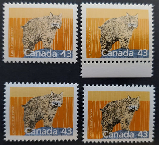 Canada #1170 43c Multicoloured Lynx, 1987-1991 Mammal & Architecture Issue, 4 VFNH Singles NF/DF1 and NF/DF2 Harrison Papers, 3 Different Background Shades