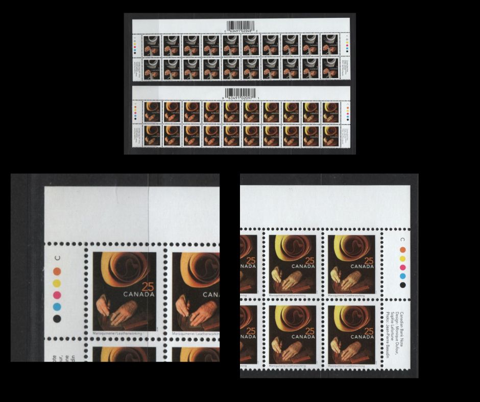 Lot 142 Canada #1673ii, 1680iivar 1c, 25c Bookbinding & Leatherworking, 1999-2007 Traditional Trades Definitives, 2 VFNH Top Inscription Blocks Of 20 2004 CBN Reprints With Upright Barcode in Imperforate Selvedge, 25c With Repellex Error