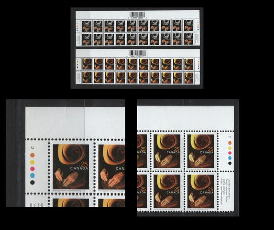 Lot 142 Canada #1673ii, 1680iivar 1c, 25c Bookbinding & Leatherworking, 1999-2007 Traditional Trades Definitives, 2 VFNH Top Inscription Blocks Of 20 2004 CBN Reprints With Upright Barcode in Imperforate Selvedge, 25c With Repellex Error