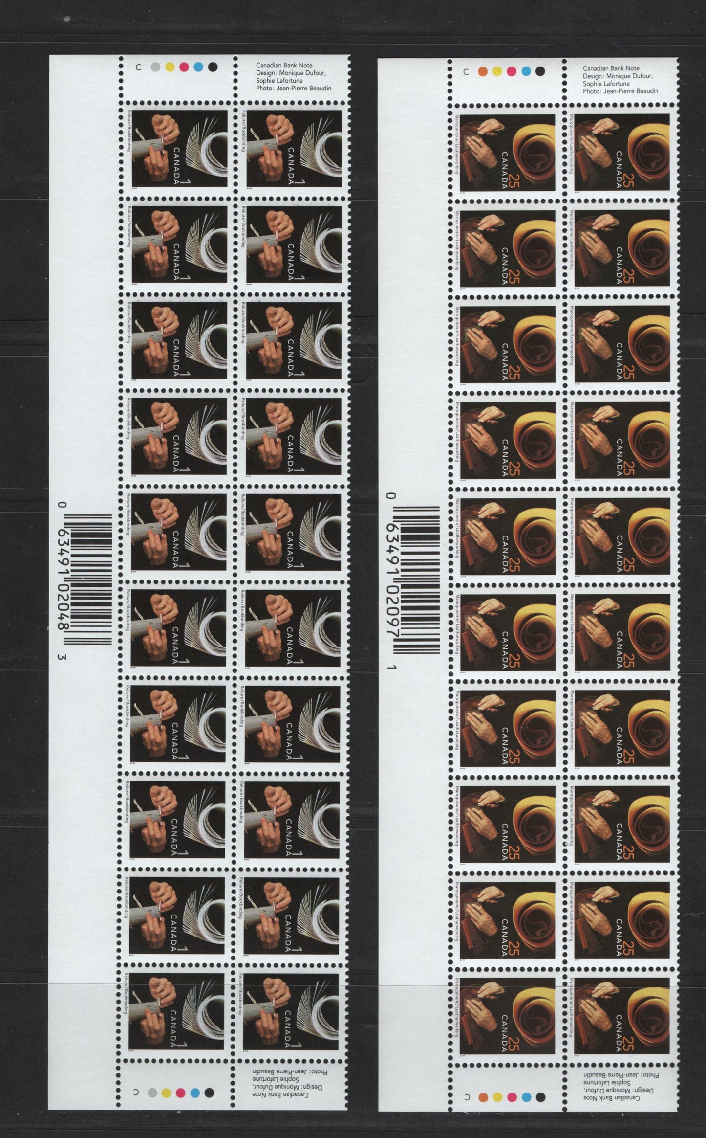 Lot 142 (C) Canada #1673ii, 1680ii 1c, 25c Multicoloured Bookbinding & Leatherworking, 1999-2007 Traditional Trades Definitives, 2 VFNH Bottom Inscription Blocks Of 20 2004 CBN Reprints With Upright Barcode in Imperforate Selvedge