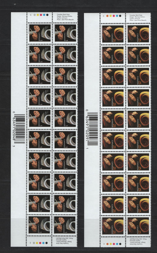 Lot 142 (C) Canada #1673ii, 1680ii 1c, 25c Multicoloured Bookbinding & Leatherworking, 1999-2007 Traditional Trades Definitives, 2 VFNH Bottom Inscription Blocks Of 20 2004 CBN Reprints With Upright Barcode in Imperforate Selvedge