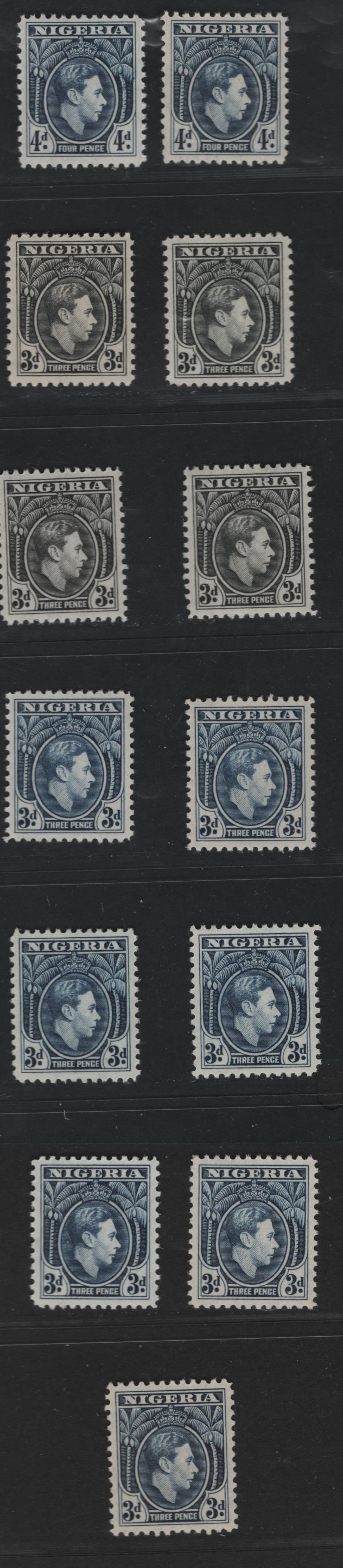 Nigeria #58var (SG#53var) 3d Blackish Indigo - Deep Blue King George VI, 1938-1952 King George VI Definitive Issue, 13 VFOG & VFNH Singles, Line Perf 12, 1940-1941, June 1942, April 1944, Jan. 1948, Dec. 1944, 1945 & 1944-45 Printings