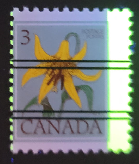 Canada #708xxvar 3c Multicoloured Canada Lily, 1977-1982 Floral & Environment Issue, A VFNH Single On DF2/DF2 Vertically Ribbed Paper With Unlisted G2aR Tagging Error, Resulting From Rightward Perf Shift