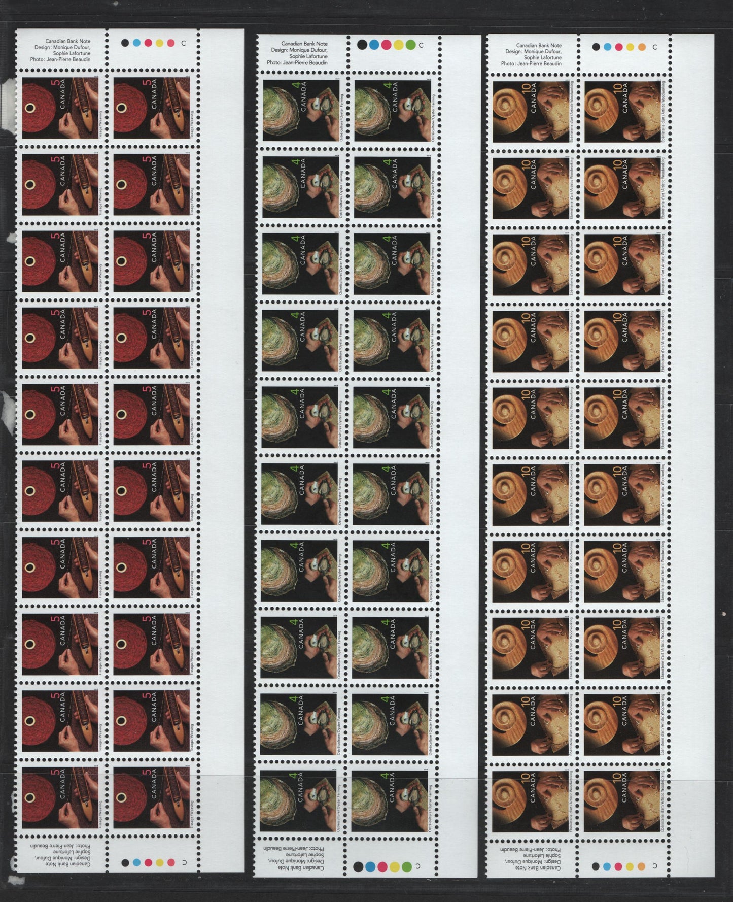 Lot 142 Canada #1676ivar, 1677ivar, 1679ivar 4c, 5c, 10c Oyster Farming - Woodworking, 1999-2007 Traditional Trades Definitives, 3 VFNH Bottom Inscription Blocks Of 20 Early 2001 CBN Reprints, With Imperforate Bottom Selvedge, And No Barcode, Unlisted