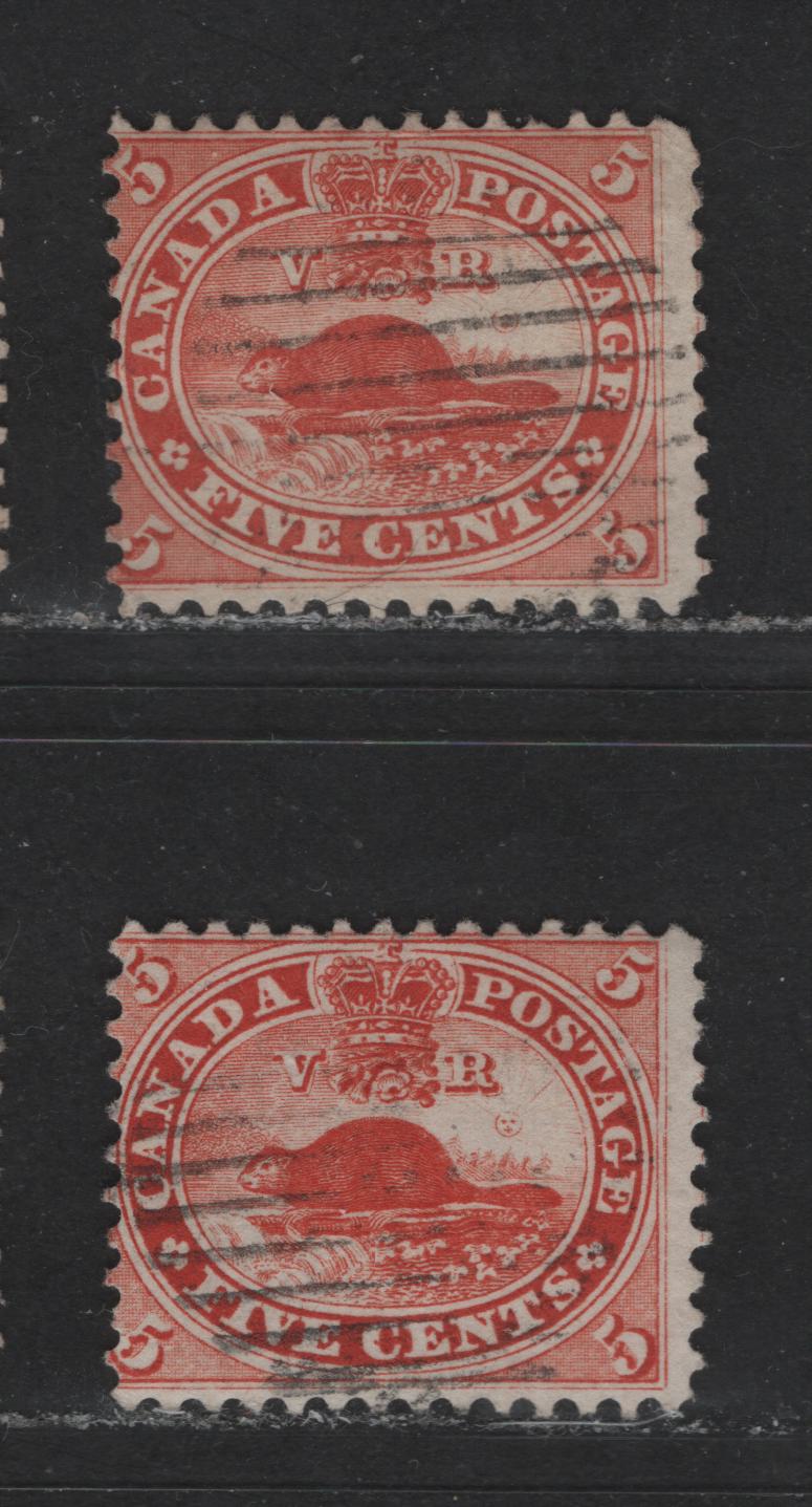 Lot 414 Canada #15 5c Deep Vermilion & Dull Vermilion Beaver, 1859-1867 First Cents Issue, 2 VG Used Singles Perf. 12