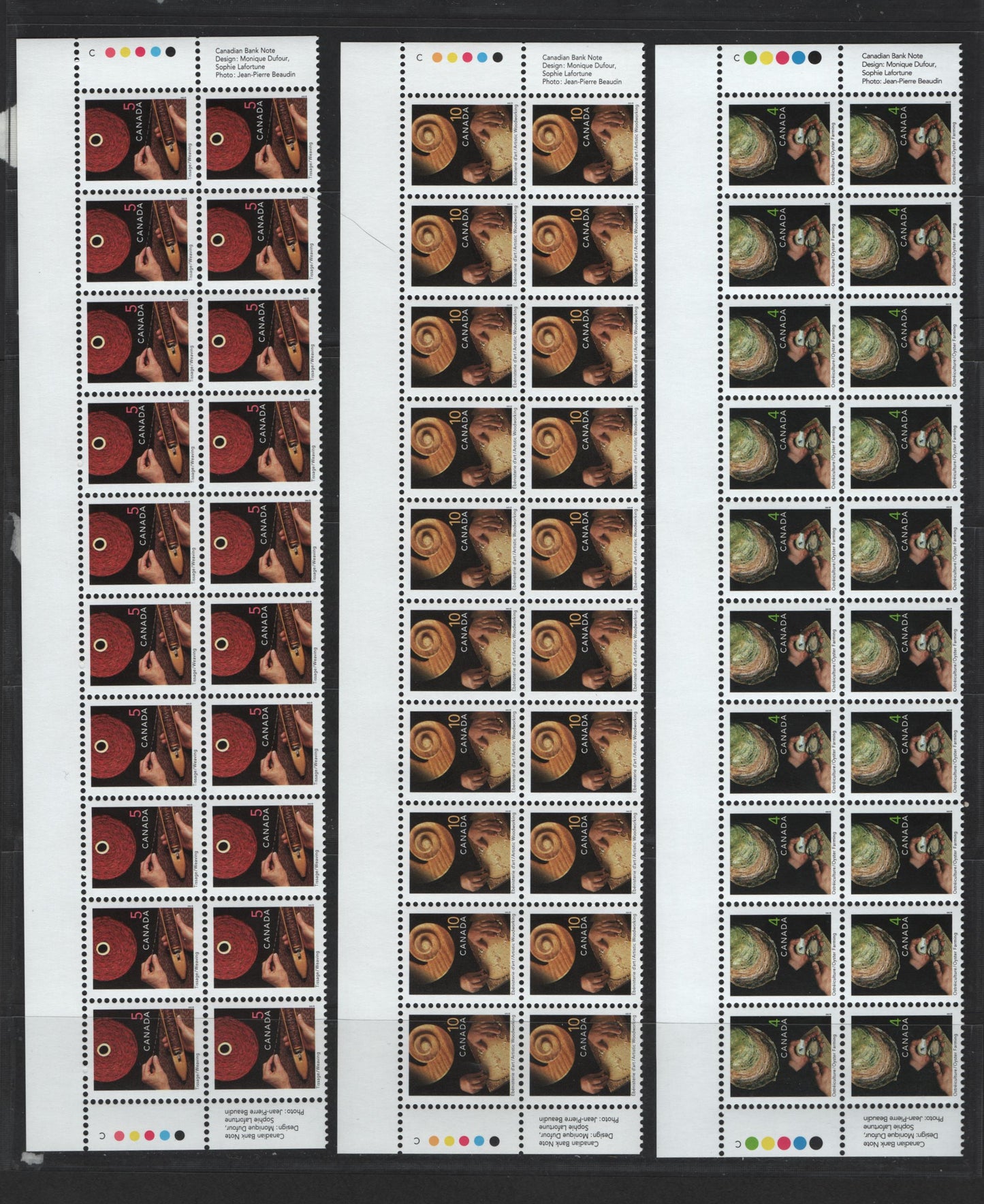 Lot 143 Canada #1676ivar, 1677ivar, 1679ivar 4c, 5c, 10c Oyster Farming - Woodworking, 1999-2007 Traditional Trades Definitives, 3 VFNH Top Inscription Blocks Of 20 Early 2001 CBN Reprints, With Imperforate Top Selvedge, And No Barcode, Unlisted