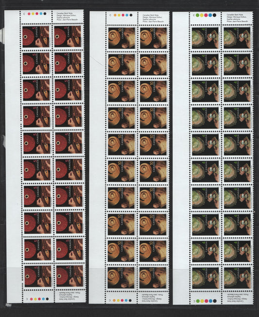 Lot 143 Canada #1676ivar, 1677ivar, 1679ivar 4c, 5c, 10c Oyster Farming - Woodworking, 1999-2007 Traditional Trades Definitives, 3 VFNH Top Inscription Blocks Of 20 Early 2001 CBN Reprints, With Imperforate Top Selvedge, And No Barcode, Unlisted