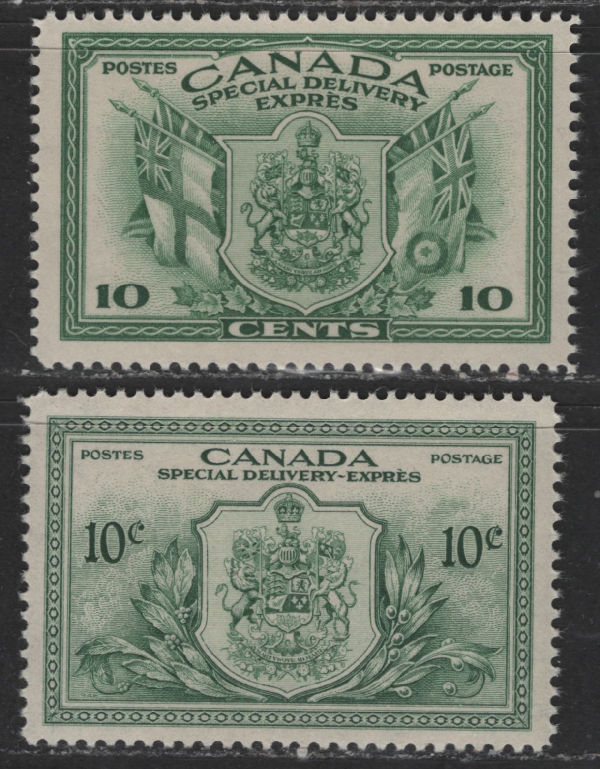 Canada #E10-E11 20c Bright Green & Dull Green Coat Of Arms, 1942-1952 War Issue & Peace Issue Special Delivery, 2 VFNH Singles On Vertical Wove Paper With Yellowish Gum & Vertical Wove Paper With Horizontal Mesh & Semi-Gloss Cream Gum