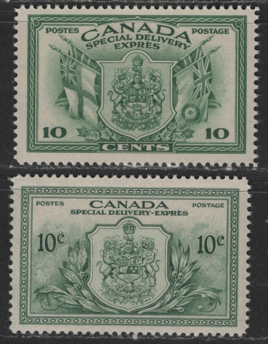 Canada #E10-E11 20c Bright Green & Dull Green Coat Of Arms, 1942-1952 War Issue & Peace Issue Special Delivery, 2 VFNH Singles On Vertical Wove Paper With Yellowish Gum & Vertical Wove Paper With Horizontal Mesh & Semi-Gloss Cream Gum