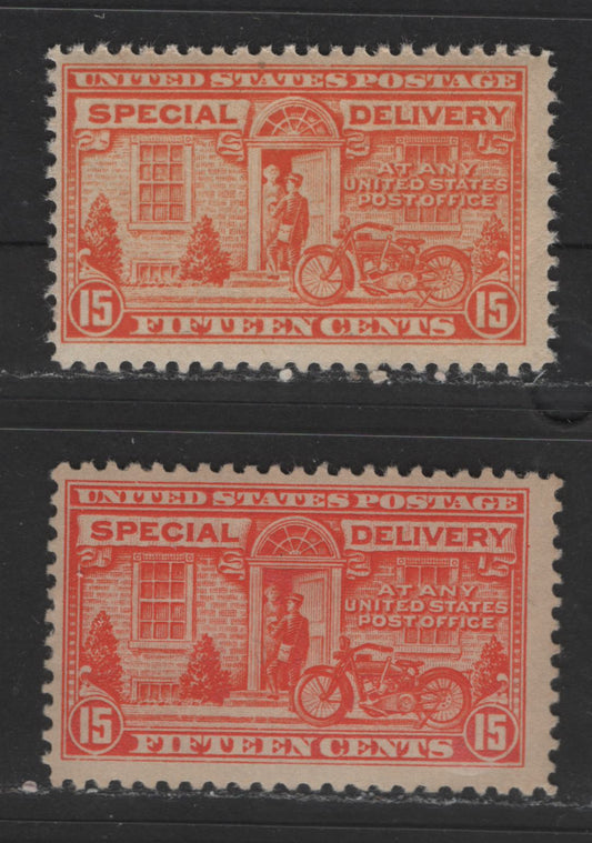 Lot 415 United States Of America #E13 15c Yellow Orange & Red Orange Motorcycle Delivery, 1922 Fourth Bureau Special Delivery Issue, 2 Fine NH Singles Perf. 11, Flat Plate Printing, Unwatermarked