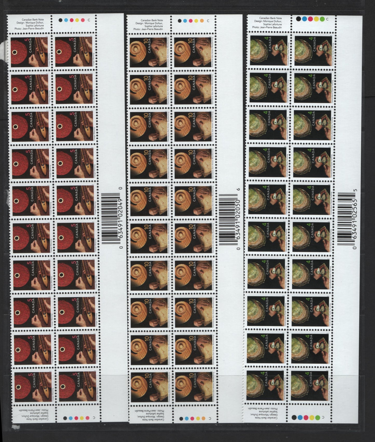 Lot 143 Canada #1676i, 1677ii, 1679ii 4c, 5c, 10c Oyster Farming - Woodworking, 1999-2007 Traditional Trades Definitives, 3 VFNH Bottom Inscription Blocks Of 20 November 2001 & 2005 CBN Reprints, With Imperforate Bottom Selvedge, Upright Barcode