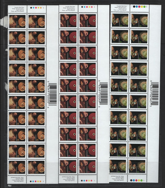 Lot 143 (C) Canada #1676i, 1677ii, 1679ii 4c, 5c, 10c Oyster Farming - Woodworking, 1999-2007 Traditional Trades Definitives, 3 VFNH Top Inscription Blocks Of 20 November 2001 & 2005 CBN Reprints, With Imperforate Top Selvedge, Upright Barcode