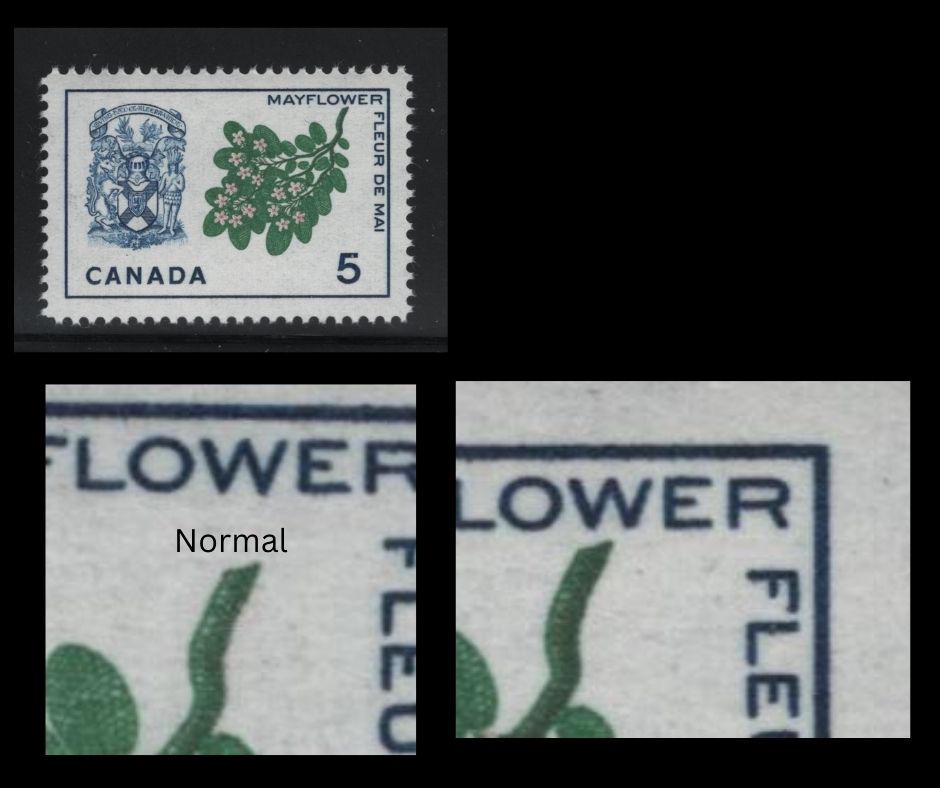 Canada #420ivar 5c Blue, Pink & Green Mayflower, 1964-1966 Emblems Issue, A VFNH Single On LF Vertical Ribbed Paper With Smooth Dextrine Gum, Showing Significant Upward Shift Of Vignette