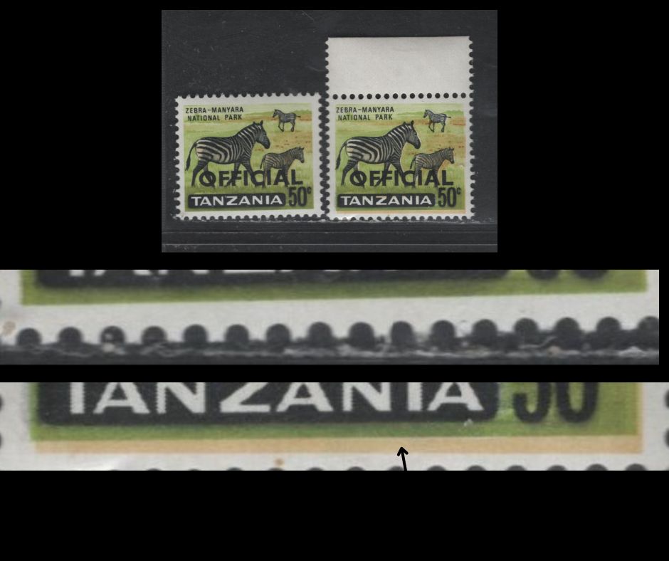 Tanzania SG#O25 & Var 50c Multicoloured Zebras, 1967 Official Overprinted Definitive Issue, 2 VFNH Singles Showing A Full 1/2 mm  Downward Shift Of The Beige Colour Into The Lower Margin, Unlisted in Gibbons