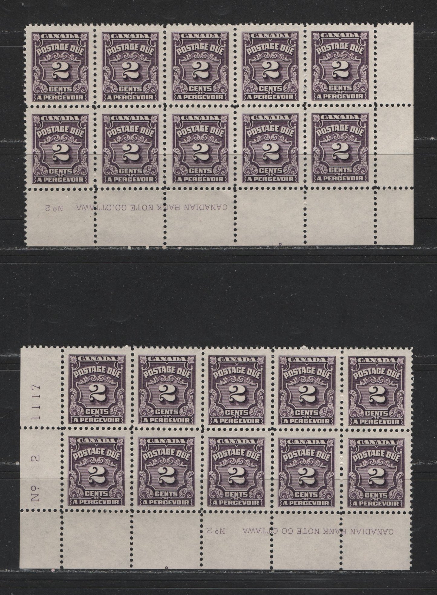 Lot 418 Canada #J16 2c Blackish Purple Numeral On Fancy Background, 1935-1965 Fourth Postage Due Issue, 2 VFNH LL & LR Plate 2 Blocks Of 10, DF Smooth Vertical Ribbed Paper, Plate Dots Under Pos. 92 & 99, Semi-Gloss Cream Gum