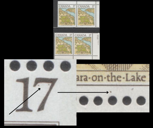 Lot 418 Canada #897var 17c Multicoloured Town View, 1981 Niagara-On-The-Lake Issue, 2 VFNH Marginal Horizontal Pairs, Two Dots Inside "7" (Pos. 9) & Brown Dot Under "The" (Pos. 50), DF2/DF2 Greyish White Paper, Possibly Constant or Tertiary