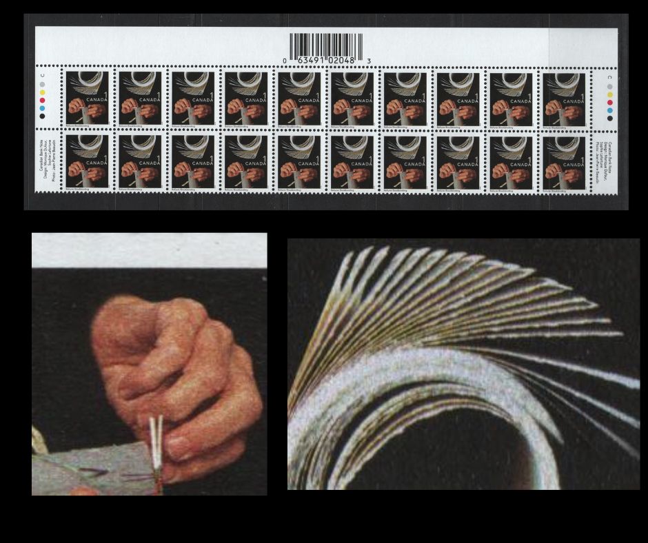 Lot 144 Canada #1673iivar 1c Multicoloured Bookbinding, 1999-2007 Traditional Trades Definitives, A VFNH Top Inscription Block Of 20 2004 CBN Reprint With Upright Barcode in Imperforate Selvedge, Yellowish Pages & Redder Hands