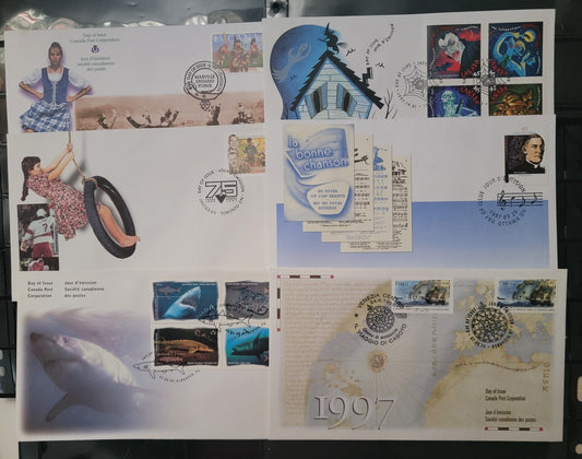 Canada  #1636/1668 45c Multicoloured J.W. & A.J. Billes - Goblin, 1997 Canadian Tire - The Supernatural Issues, 6 VF Canada Post FDC's Franked With Singles On HB Envelopes, Including Joint Italy-Canada Cover For The Cabot Issue