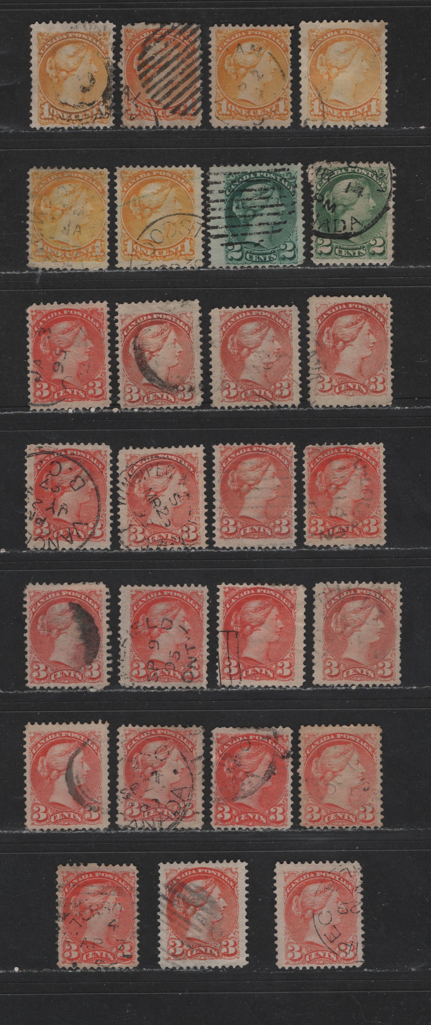 Lot 420 Canada #35, 35a, 35i 1c-3c Yellow - Vermilion Queen Victoria, 1870-1897 Small Queen Issue, 27 Fine Used Singles Montreal & Second Ottawa Printings, Various Papers & Shades