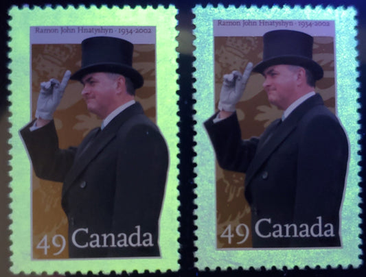 Canada #2024var 49c Multicolored Ramon Hnatyshyn, 2004 Governor General Issue, 2 VFNH Singles With Unlisted Strong & Weak Tagging
