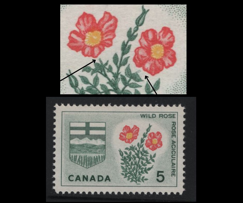 Canada #426var 5c Dull Green, Yellow & Carmine Wild Rose, 1964-1966 Emblems Issue, A VFNH Single On DF1 Vertical Ribbed Paper With Streaky Dextrine Gum, Showing Loretta's Flower Variety, Listed In Darnell