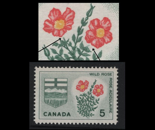 Canada #426var 5c Dull Green, Yellow & Carmine Wild Rose, 1964-1966 Emblems Issue, A VFNH Single On DF1 Vertical Ribbed Paper With Streaky Dextrine Gum, Showing Loretta's Flower Variety, Listed In Darnell