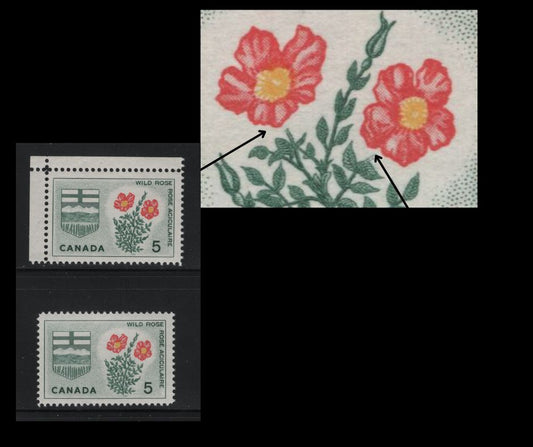 Lot 96 Canada #426var 5c Dull Green, Yellow & Carmine Wild Rose, 1964-1966 Emblems Issue, 2 VFNH Singles On DF2 Vertical Ribbed Paper With Smooth & Streaky Dextrine Gum, Showing Loretta's Flower Variety, Listed In Darnell