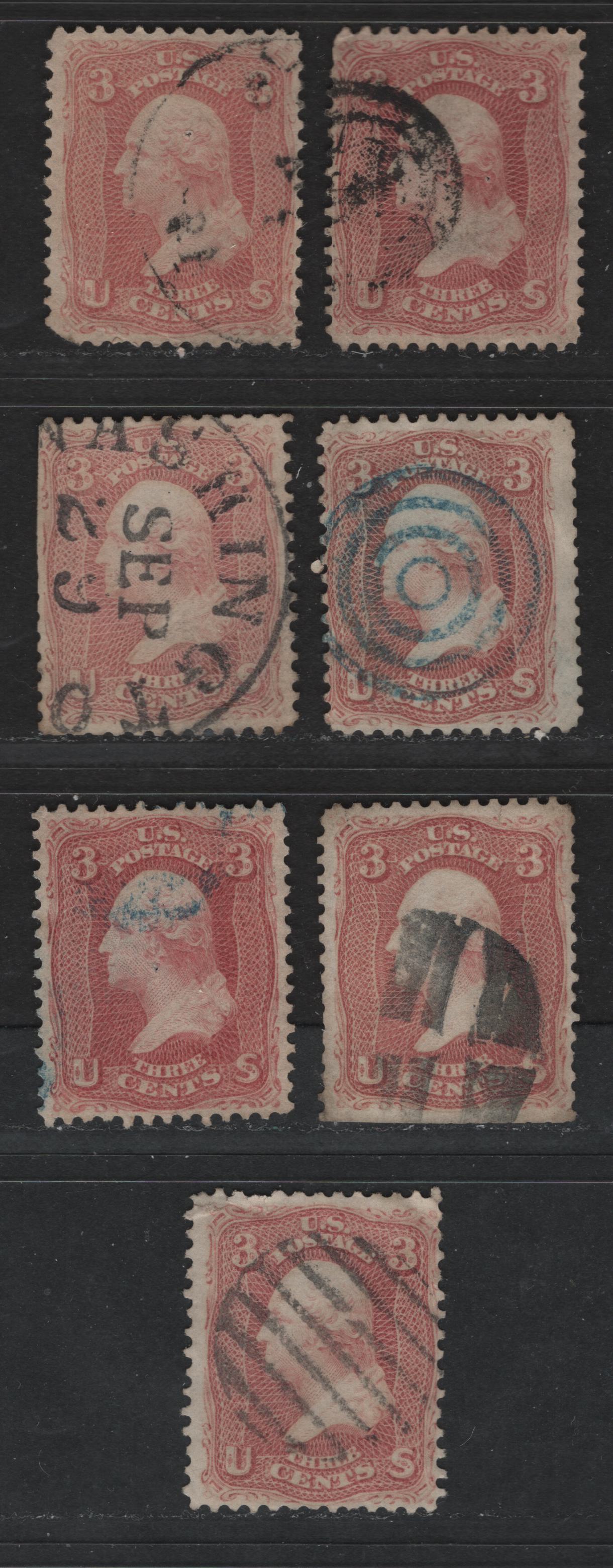 Lot 98 United States Of America #65 3c Rose - Pinkish Rose George Washington, 1861-1869 Civil War Issue, 7 Ungraded Used Singles Showing The Range Of Rose Shades, Sold For Reference Only