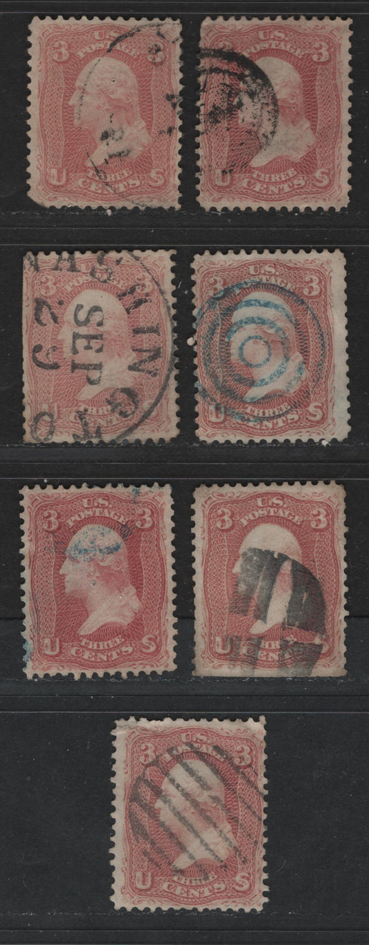 Lot 98 United States Of America #65 3c Rose - Pinkish Rose George Washington, 1861-1869 Civil War Issue, 7 Ungraded Used Singles Showing The Range Of Rose Shades, Sold For Reference Only