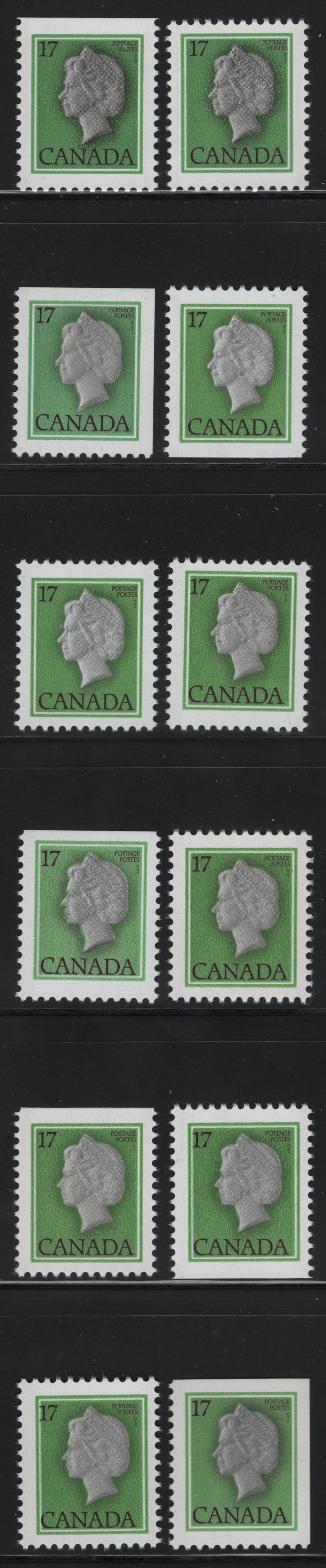 Canada #789a, as 17c Green, Dark Plum & Grey & Dark Green Queen Elizabeth II, 1977-1985 Floral & Environment Issue, 11 Fine & VFNH Booklet Singles On DF/DF, DF/LF And DF/F Papers, With Straight Edges & Perf All Around