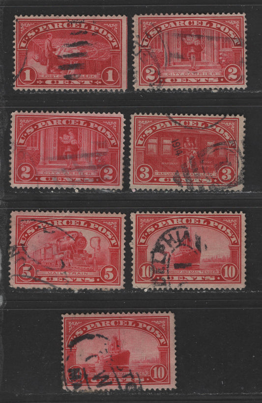 Lot 422 United States Of America #Q1-Q3, Q5-Q6 1c-10c Carmine & Carmine Rose Post Office Clerk - Steamship, 1913 Parcel Post Issue, 7 Fine & VF Used Singles Including Extra Shades Of 2c and 10c