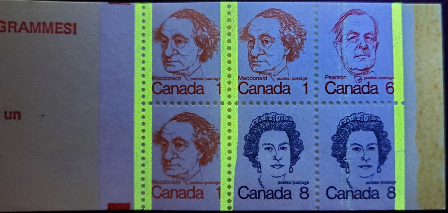 Canada #BK74gT2 1c, 6c, 8c Orange - Royal Blue 1973-1978 Caricature Issue, A VFNH Complete Booklet DF Cover, LF Horizontal Ribbed Pane, Self-Sealer, 1 tag Bar Damaged At Base, One Tag Bar Missing, Very Faint Ghost Tag Down 1/3 and 2/3