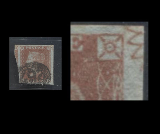 Lot  422 Great Britain - Barred Numeral Cancels For England & Wales: 200-299 SC#3 1d Red Brown 1841-1854 1d Red Imperf Issue, #267, Portion of Star Ornament Visible in Margin, A Fine Used Singles, Estimated Value $15