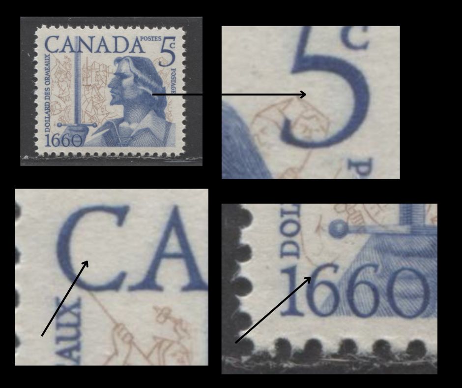 Canada #390var 5c Brown & Dark Blue Dollard Des Ormeaux, 1960 Battle of Long Sault Issue, A VFNH Single Significant Shift Of Vignette To Lower Left, NF Smooth Paper, Streaky Gum