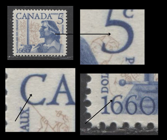 Canada #390var 5c Brown & Dark Blue Dollard Des Ormeaux, 1960 Battle of Long Sault Issue, A VFNH Single Significant Shift Of Vignette To Lower Left, NF Smooth Paper, Streaky Gum