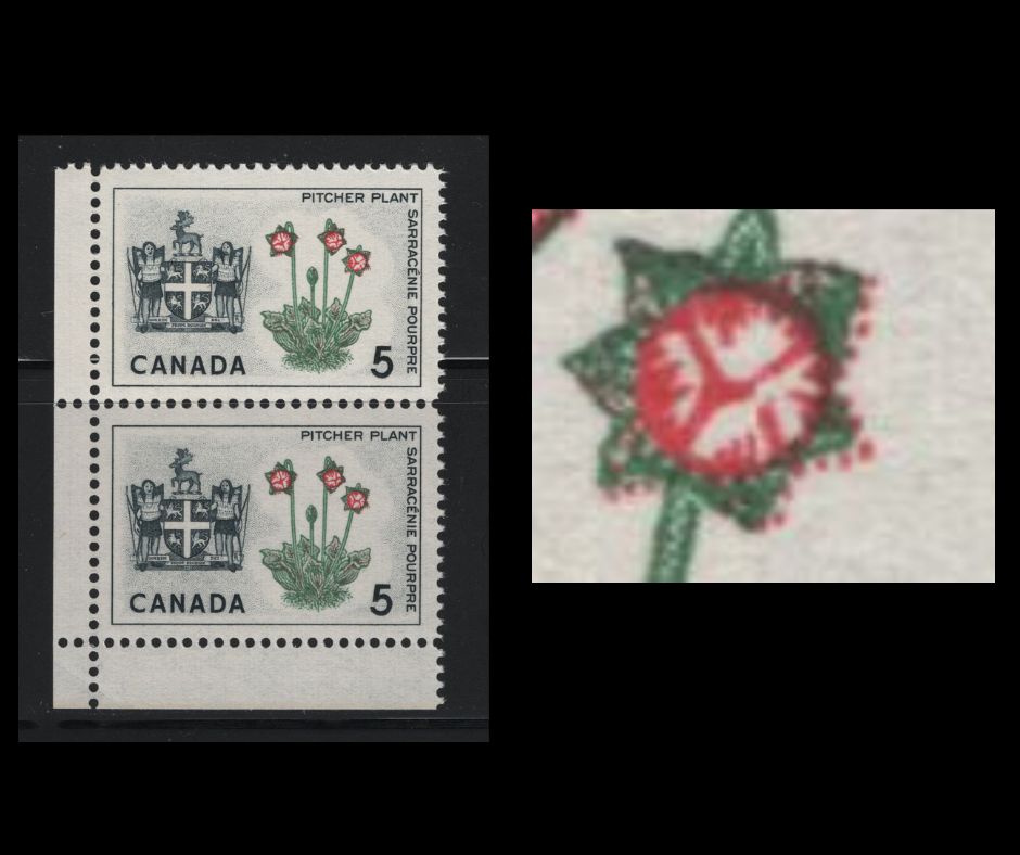 Canada #427i 5c Black, Green & Carmine Pitcher Plant, 1964-1966 Emblems Issue, A VFNH LL Field Stock Pair On DF1 Vertical Ribbed Paper With Smooth Dextrine Gum, Showing Pos. 41 Broken Stamen Variety