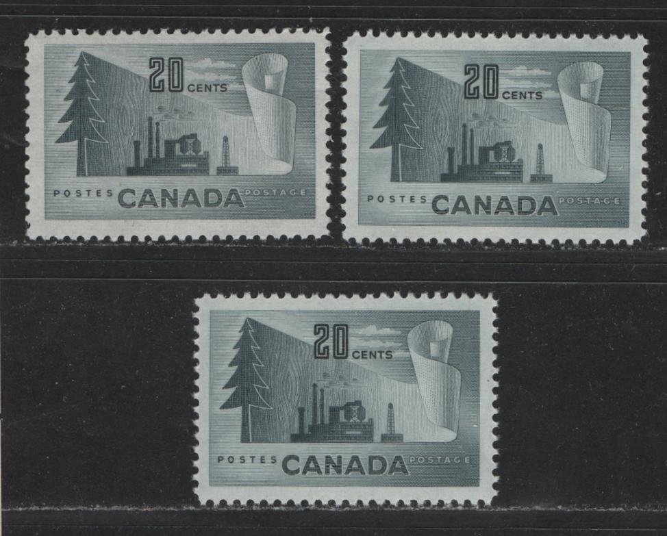 Canada #316 20c Slate Newsprint Industry, 1950-1952 Natural Resources Issue, 3 Fine & VFNH Singles 3 Different Shades & Papers, Yellowish Cream & Cream  Semi-Gloss Gum, Different From Lot 422