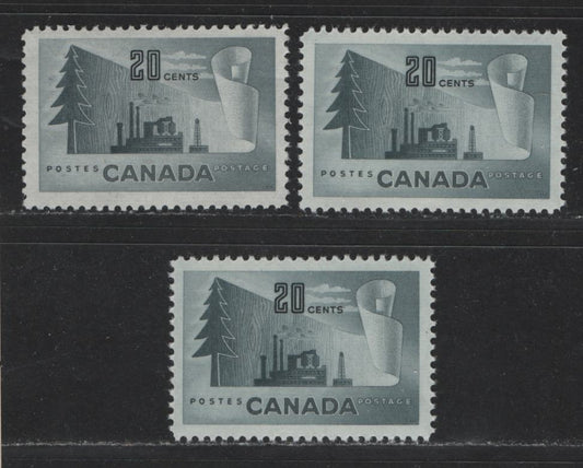 Canada #316 20c Slate Newsprint Industry, 1950-1952 Natural Resources Issue, 3 Fine & VFNH Singles 3 Different Shades & Papers, Yellowish Cream & Cream  Semi-Gloss Gum, Different From Lot 422