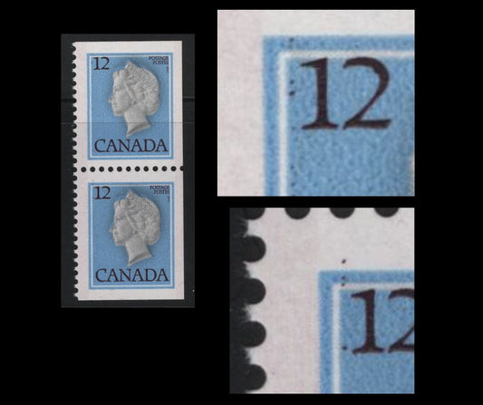 Canada #713a 12c Cobalt, Grey, & Dark Plum Queen Elizabeth II, 1977-1985 Floral & Environment Issue, A VFNH Booklet Pair On DF2/DF2 Paper, With Column Of Plum Dots Down Left Side Of Design & Behind Bust