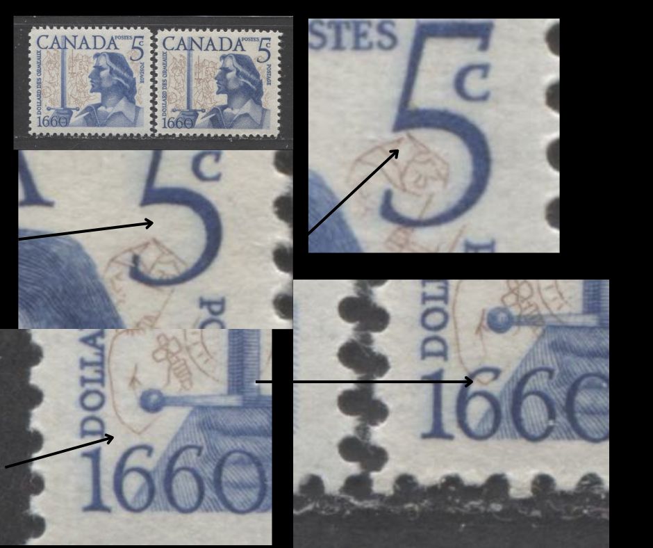 Canada #390var 5c Brown & Dark Blue Dollard Des Ormeaux, 1960 Battle of Long Sault Issue, 2 VFNH Singles Very Significant Downward Shift of Vignette, NF Smooth Paper, Streaky Gum