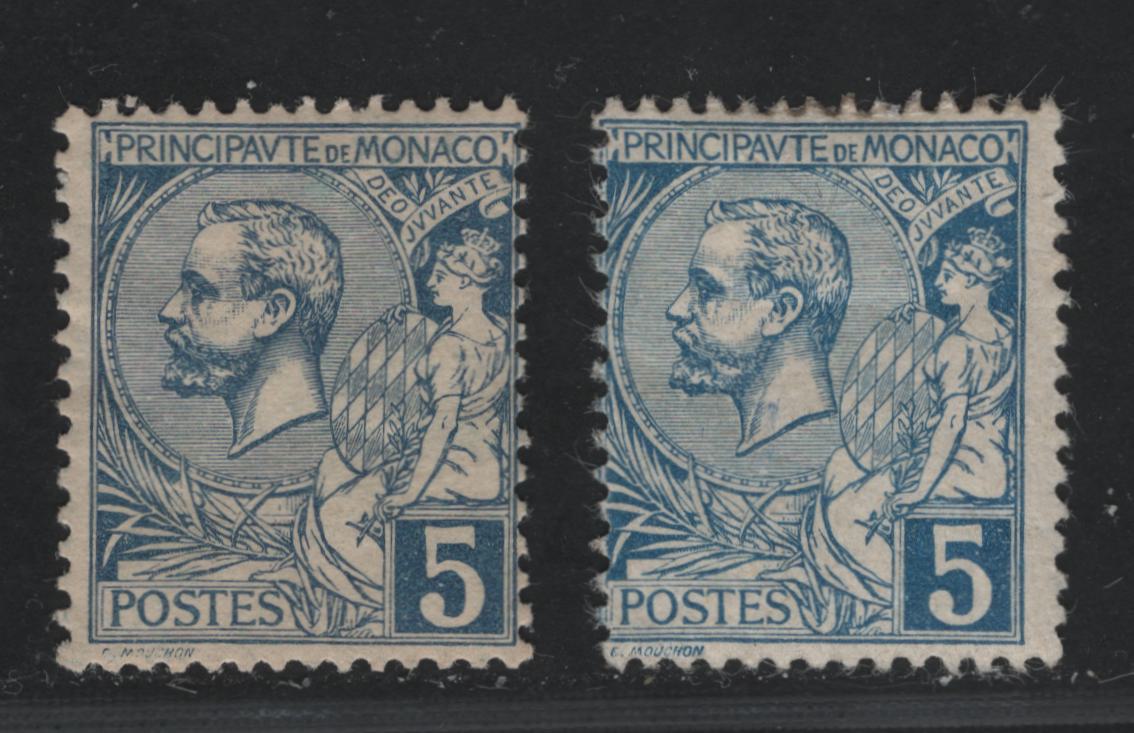 Lot 166 Monaco #13 5c Blue & deep Dull Blue Prince Albert I, 1891-1921 Prince Albert I Profile Head Issue, 2 VG & Fine OG Singles Two Distinct Shades