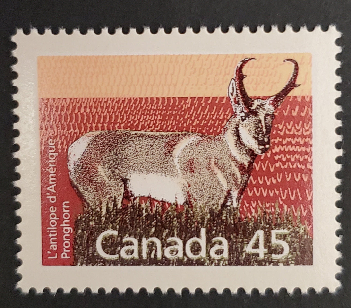 Canada #1172var 45c Multicoloured Pronghorn, 1987-1991 Mammal & Architecture Issue, A VFNH Single Significant Upward Shift of Olive Green